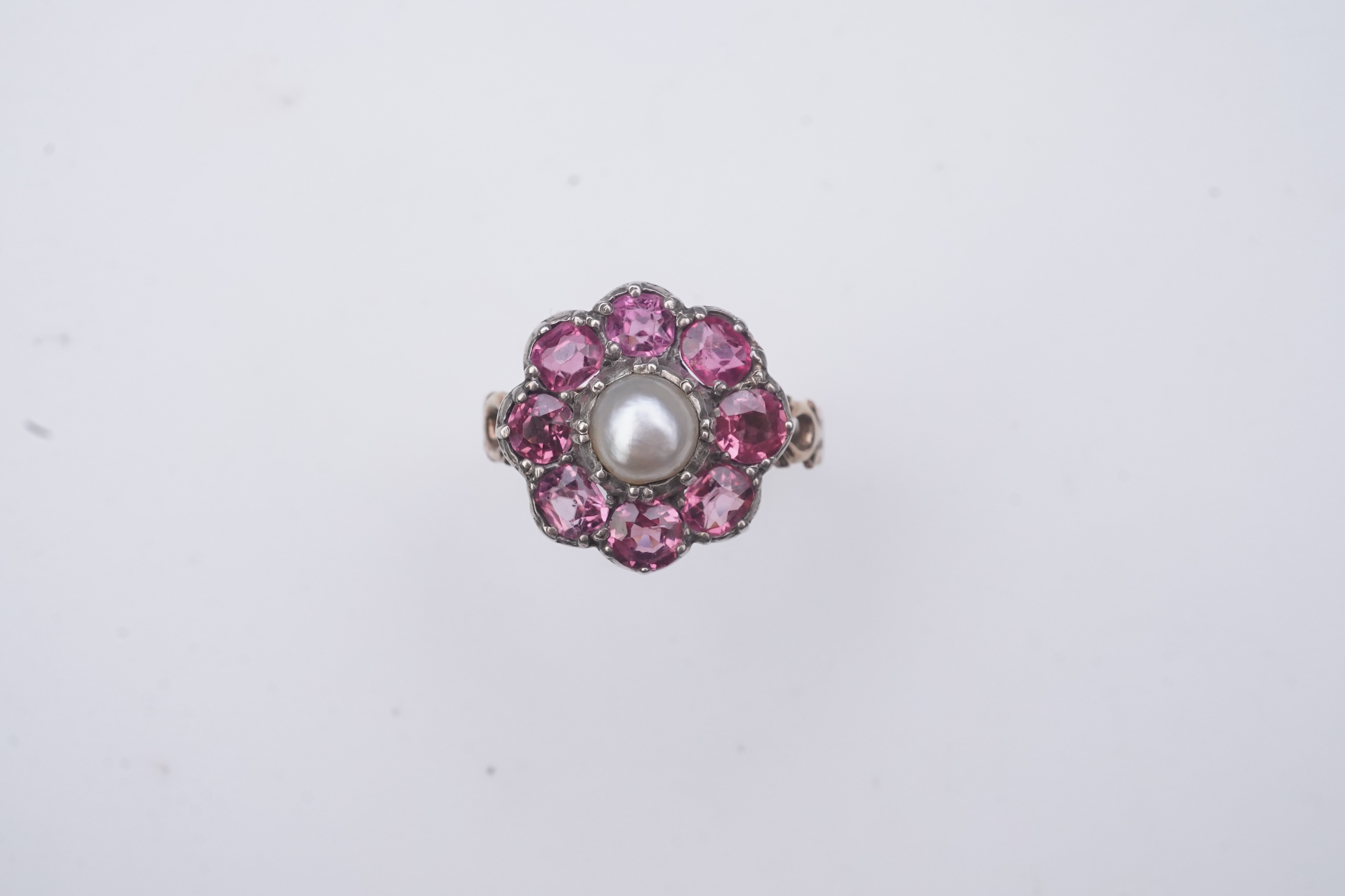 A pearl and pink tourmaline ring